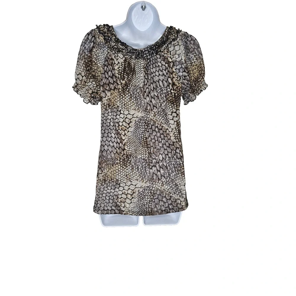 INC International Concepts Top M Brown Snake Print Ruffle Neck Short Sleeve‎